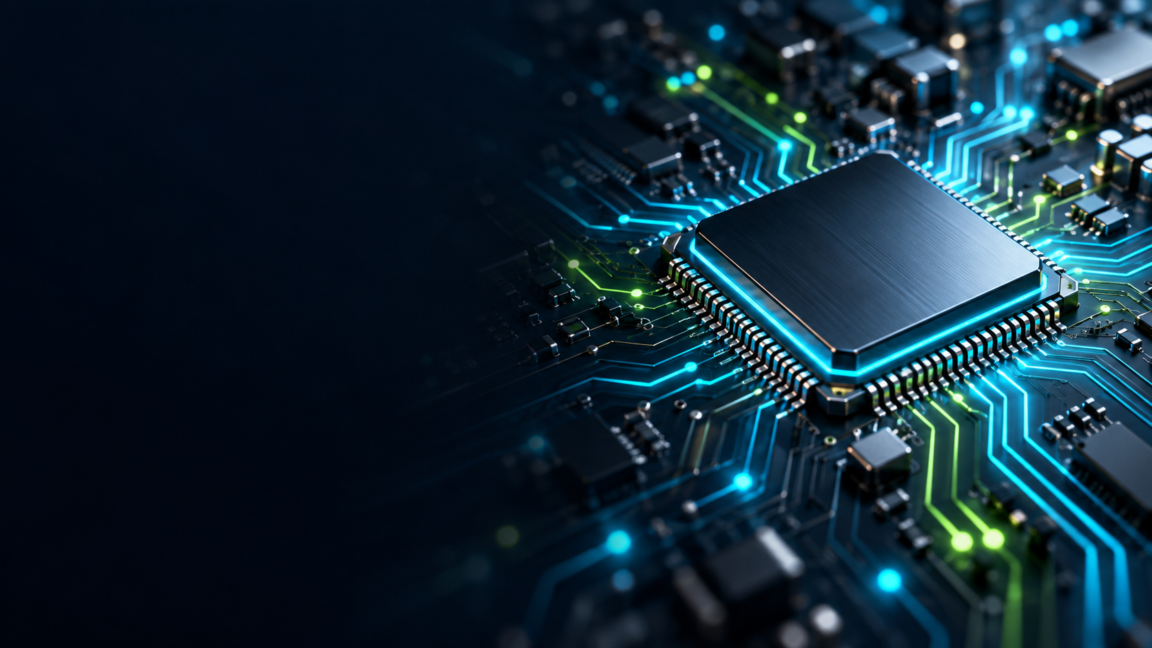 Chip vi điều khiển trên bảng mạch phát sáng mang phong cách công nghệ tương lai